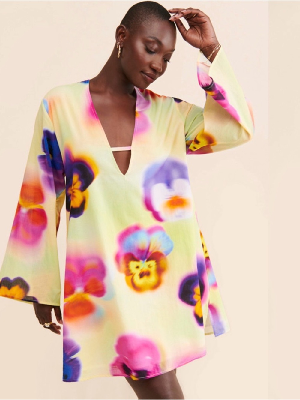 Wray Pansy Floral Cotton Mini Dress Size XS V-Neck Long Sleeve Summer Coverup